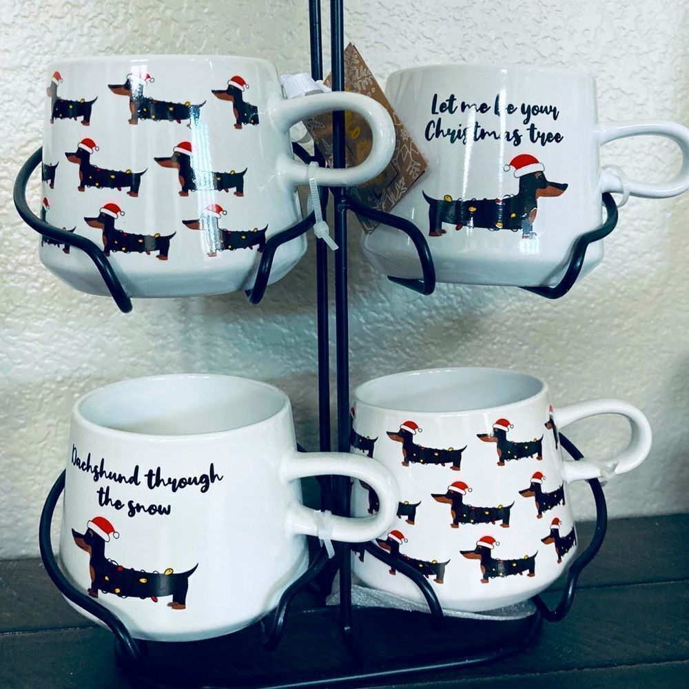 Christmas Dachshund Dog Ceramic Mugs Caddy Holiday Gift Set